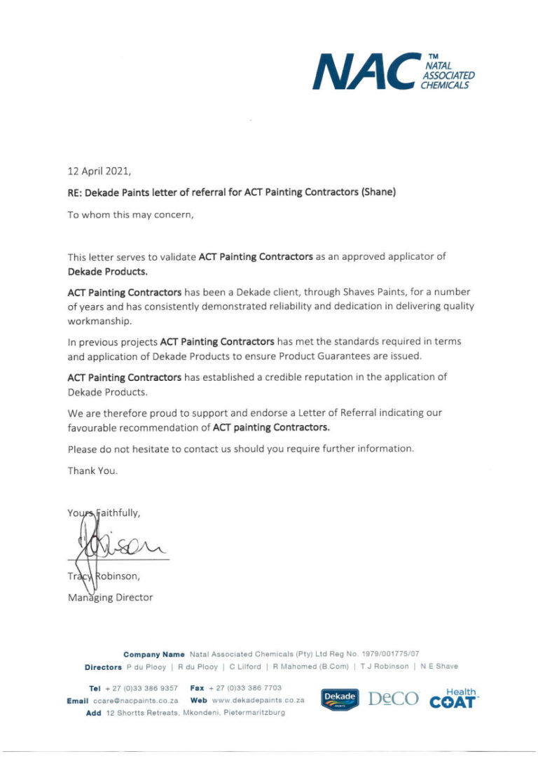 Dekade ACT Painting Contractors Referral Letter